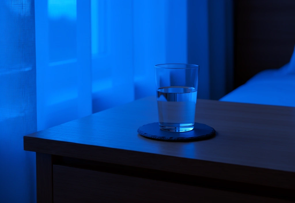 Ein minimalistischer Nachttisch in ruhiger Abendatmosphäre